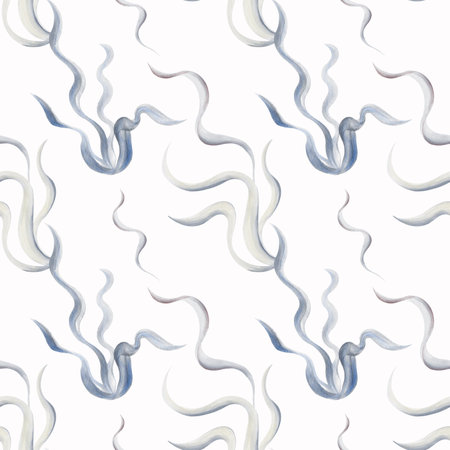 Seamless pattern with underwater plants. Blue algae intertwine in a pattern. Sea waves. Underwater world. Ornament. Watercolor illustration isolated from the background. Hand drawing.の写真素材