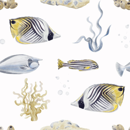 Seamless pattern with tropical fish. Striped exotic fish. Underwater world. Algae and corals. Seabed. Ocean world. Watercolor illustration without background. Hand drawing.の写真素材