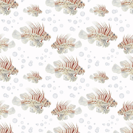 Seamless pattern with tropical fish. Big beautiful fish in white and red stripes. Many small bubbles. Underwater world. Watercolor illustration without background. Hand drawing.の写真素材