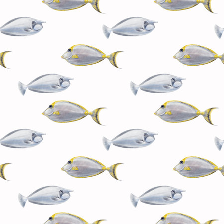 Seamless pattern with fish. Tropical rhinoceros fish with a long nose and yellow stripes. Simple ornament. Watercolor illustration without background. Realistic style. Hand drawing.の写真素材