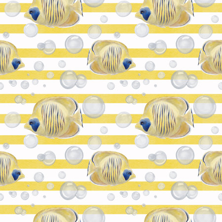 Seamless pattern with angelfish. Big yellow tropical fish with blue stripes. Lots of puffers. Yellow stripes on the background. Geometric pattern. Watercolor illustration. Hand drawn.の写真素材