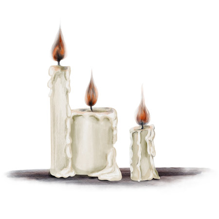 Burning wax candles, stand on the surface. White classic church and ritual candles burn with fire. Wax melts. Vintage gothic style. Watercolor illustration without background. Hand drawing.の写真素材