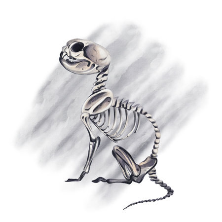 Sitting cat skeleton. Animal skull and bones. Vintage Halloween decor. Gothic animal. Watercolor illustration on a gray background. Hand drawn.の写真素材