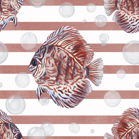 Seamless pattern with discus fish. Red tropical fish with pattern. Simple geometric pattern with red stripes. Transparent bubbles. Watercolor illustration without it. Hand drawing.の写真素材