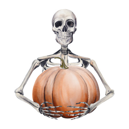 Human skeleton hugs big orange pumpkin. ripe harvest. Halloween decor. watercolor illustration without background. hand drawing.の写真素材