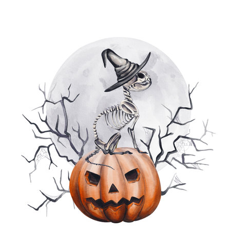 Animal skeleton sitting on pumpkin with face. Jacks head. Animal skeleton. Witch hat. The background is a full moon and a scary forest. Watercolor illustration. Hand drawn.の写真素材