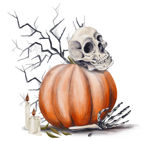 Human skull lies on a pumpkin. Bone hand lies on the ground. Candles are burning. Scary branch in the background. Halloween decor, Watercolor illustration. Hand drawing.の写真素材