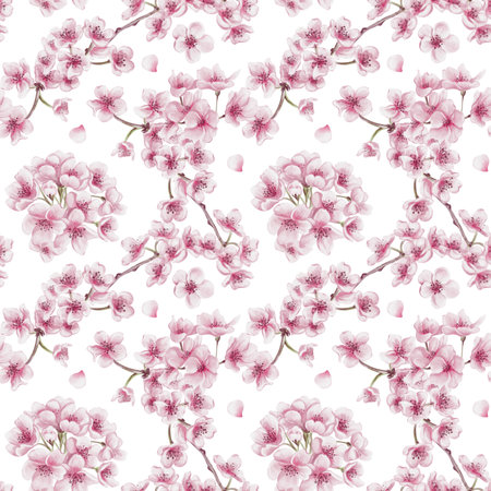 Seamless pattern with sakura flowers. Cherry blossom festival. Small pink flowers on branches. Petals and leaves. Watercolor illustration isolated from background. Hand drawing.の写真素材