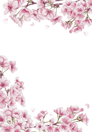 Cherry blossom frame. Small pink sakura flowers and petals. Cherry blossom festival template and banner. Watercolor illustration without background. Hand drawn.の写真素材