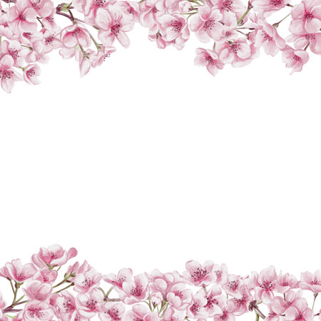 Frame of sakura flowers. Small pink flowers on branches and petals. Spring blossom. Watercolor illustration without background. Hand drawing. Template for text.の写真素材