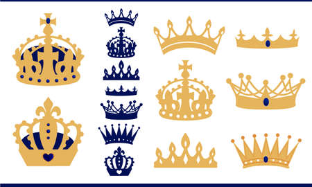 Gold and blue navy crowns set. Prince and king crown collection. Isolated vector vintage silhouette. Can be used for a royal party invitation - birthday, baby shower, wedding. Shapes for laser cuttingのイラスト素材