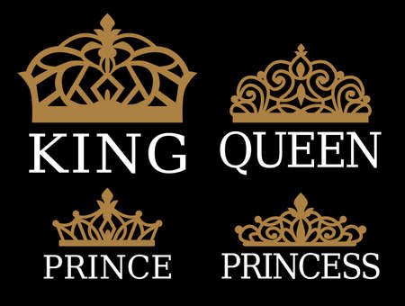King, Queen, Prince and Princess - set of couple family design. White text and gold crown isolated on black background. For printable souvenir: t-shirt, pillow, mug, cup. Royal silhouette vector tiaraのイラスト素材