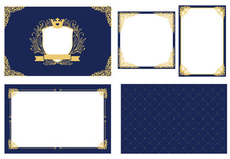 Set of vector picture frame. Dark navy blue with gold. Decorative corner. Coat of arms for little prince photo with crown. Royal design card. Invitation template for baby shower, birthday, wedding.のイラスト素材