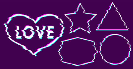 Trendy glitch effect art. Pink, blue, yellow channel. 3d moving outline. Empty text box. Minimal distorted style for sale, logo, party flyer, posterのイラスト素材