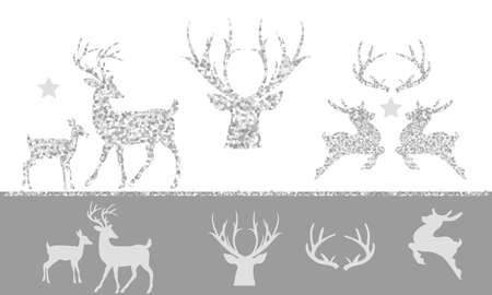 2019 Christmas set of silver glitter reindeer. Silhouette of deer family. Vector gray xmas illustrations.のイラスト素材