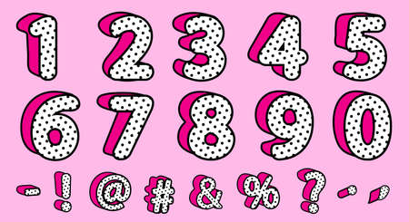Cute black polka dots 3D set of numbers and signs. Vector LOL girly doll surprise style. Banner with...