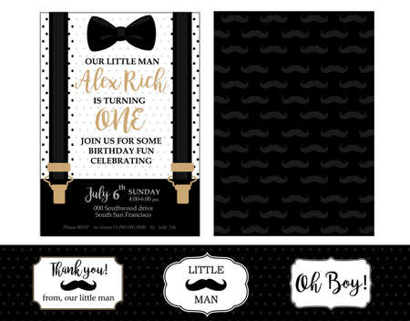 Little man birthday party (Baby shower party) invitation card. Vector bow tie and suspenders. Black, white and gold - classic patterns with mustache. Design for real man! Father day's templateのイラスト素材