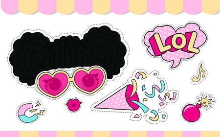 Set of cute girlish vector stickers for lol doll party. Element of design for invite card. Photo booth props. Doodle pink picture for kids daily book, scrapbook, notebook. Summer girl t-shirtのイラスト素材