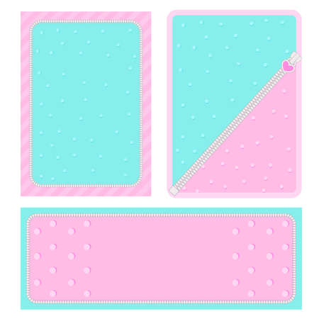 Set of vector background with hearts and dots for invitation card. Candy shop showcase frame. Pink, turquoise backdrop for gender reveal, baby shower, little princess birthday lol party. Girlish styleのイラスト素材
