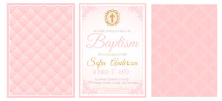 Baptism cute pink invitation template card. Set of illustration for baby girl christening ceremony, communion or confirmation. Little princess birthday, baby shower background. Blush soft rose colorのイラスト素材