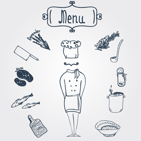 Vector hand-drawn stylish chef with dishes and menu labelのイラスト素材