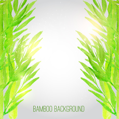 Vector watercolor bamboo background with green leaves on gray background with shiny particles. Artistic vector design for banners, greeting cards, spring sales.のイラスト素材