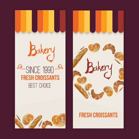 Vector watercolor hand drawn bakery set of banners with croissant, loaf, wheat, baguette, pretzel.  のイラスト素材