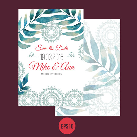 Vector watercolor template save the date with ornament, leaves. Artistic vector design for banners, greeting cards,sales, postersのイラスト素材