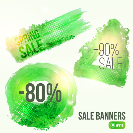 Vector watercolor spring splash set of banners with shiny particles. Artistic vector design for impressive banners, greeting cards, spring sales.  のイラスト素材