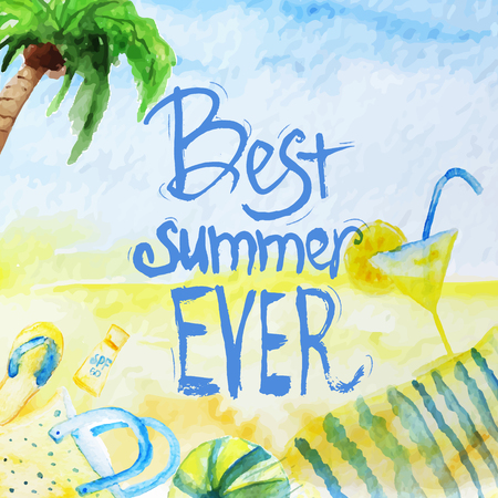 Vector watercolor summer poster with lettering on beach background. EPS10.のイラスト素材