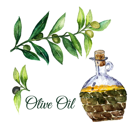 Vector watercolor hand drawn olive branches with glass bottle isolated on white background.EPS10のイラスト素材