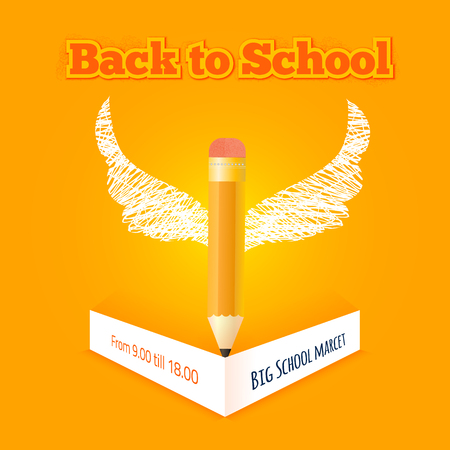 Vector back to school poster with pencil and paper banner on bright orange background. EPS10.のイラスト素材