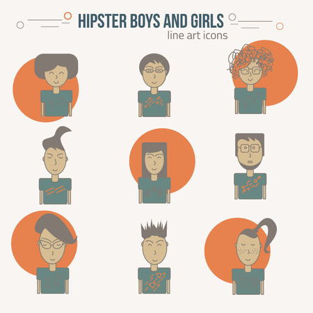 Vector trendy colorful line art men and women icons in hipster style. EPS10.のイラスト素材