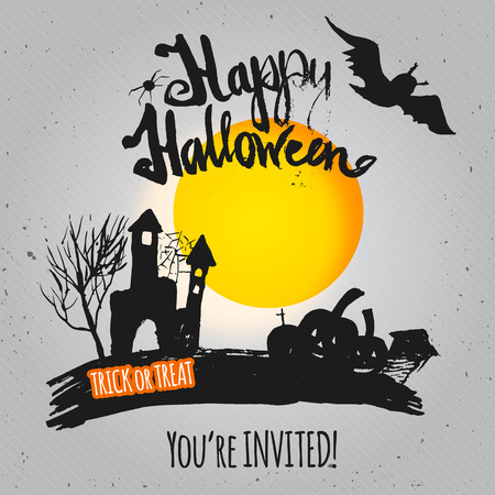 Vector Happy Halloween Poster invitation with moon, pumpkin and bat. Hand drawn illustration. EPS10のイラスト素材