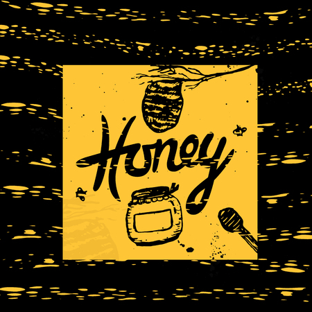 Vector honey hand lettering, calligraphy black text on texture background with jar and bees. EPS10のイラスト素材