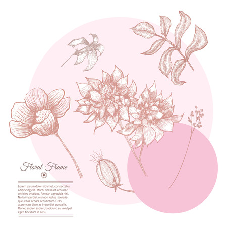 Vector Vintage frame floral background design. Botanical illustration. Sketch linear template for card invitations, banner, save the date, siteのイラスト素材