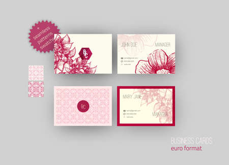 Set of  Business cards with sketch flowers and Arabic seamless patterns. Euro size.のイラスト素材