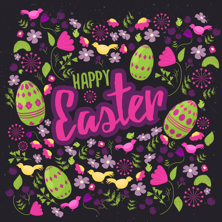 Easter  floral card with colorful eggs on dark background. Can be used for easter greetings, easter icons, bannersのイラスト素材