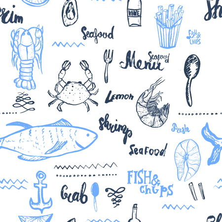 Vector seafood background. Seamless seafood background. Vector Seamless seafood background isolated on white in vintage style for menu design, wrapping, bannersのイラスト素材