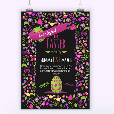 Easter floral invitation with colorful eggs on dark background. Can be used for easter greetings, easter icons, bannersのイラスト素材