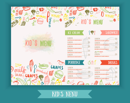 Kids menu Cute colorful hand drawn vector template. Kids menu design for party, cafe. Creative kids menu bannerのイラスト素材