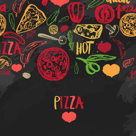 Pizza menu with olives, words, tomatoes and slices on dark background for banners, wrapping paperのイラスト素材