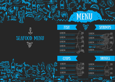 Vector modern seafood menu design. Hand drawn seafood menu. Great for menu flyer, card, seafood menu business promotionのイラスト素材