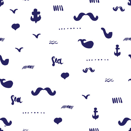 Seamless hand drawn sea pattern with ethnic waves, whale and moustache can be used for greeting cards, banners, clothesのイラスト素材