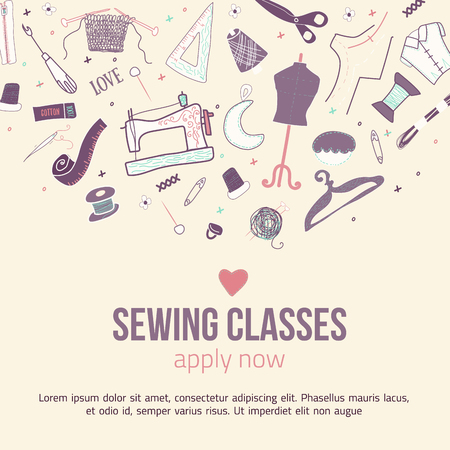 Hand drawn sewing banner in vintage style. Doodle vector illustration for sites, banners and packagesのイラスト素材
