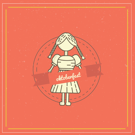 Retro style oktoberfest poster with girl and label on red background. Beer festival vector illustrationのイラスト素材
