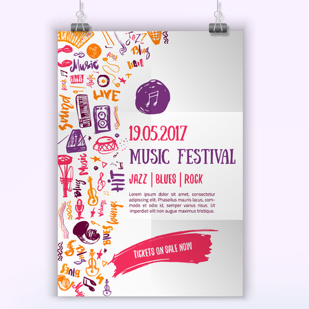 Music concert vector poster template. Can be used for printable concert promotion with lettering and doodle music itemsのイラスト素材