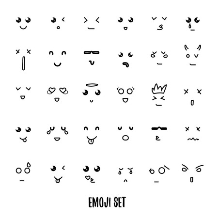 Face expression set of 30 emoji doddle emotions for creation characters. Emotions for design characters. Anime. Emotions handmade.のイラスト素材