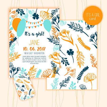 Baby Shower Invitation Template with hand lettering and floral elements on wooden background. It is a girlのイラスト素材