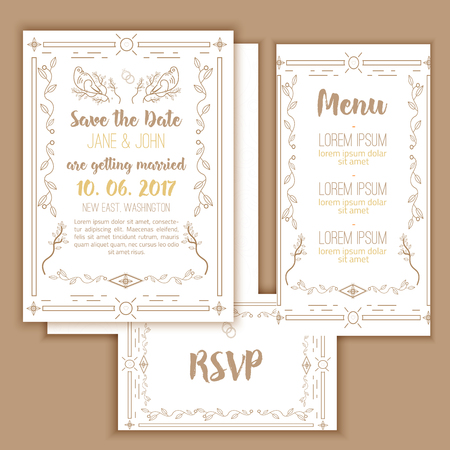 Printable Save the date with geometric gold frame in linear style. element for design with menu and RSVP cards, leaves, tree and birdsのイラスト素材
